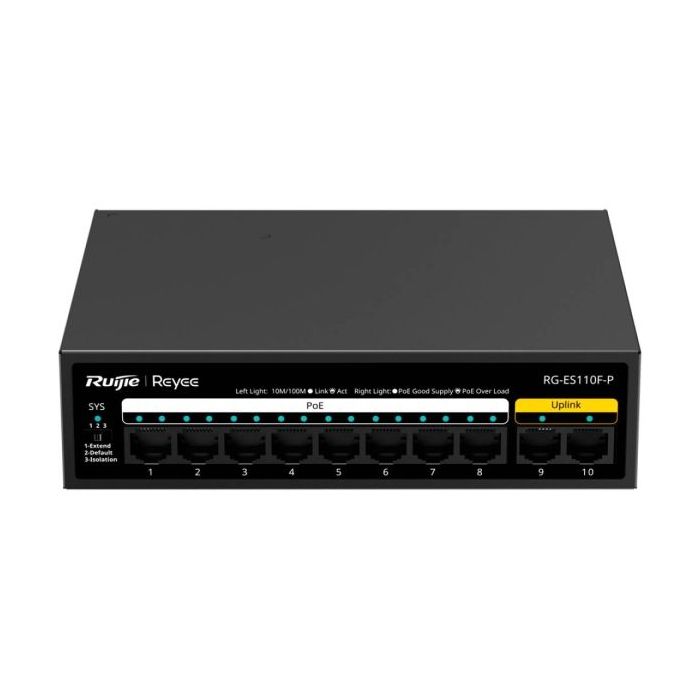 Ruijie RG-ES110F-P Switch - 10 Puertos - PoE/PoE+ hasta 110W - Velocidad hasta 100Mbps - Carcasa de Acero - Color Negro