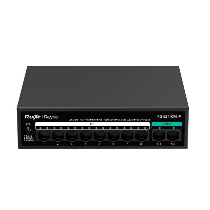 Ruijie RG-ES110FG-P Switch - 8 Puertos Ethernet hasta 100Mbps - 8 Puertos Uplink hasta 1Gbps - PoE/PoE+ hasta 110W - Carcasa de