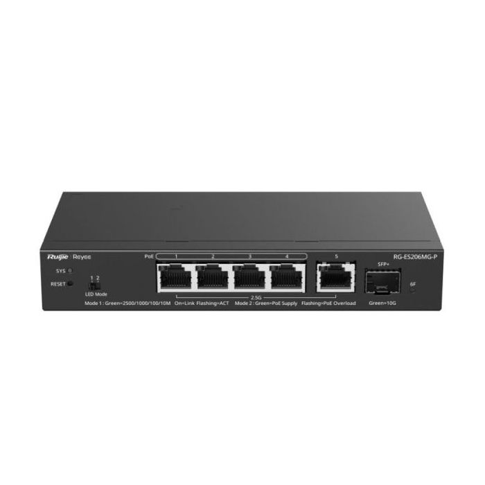 Ruijie RG-ES206MG-P Switch - 5 Puertos Ethernet hasta 2.5Gbps - 1x SFP+ hasta 10Gbps - PoE/PoE+ hasta 70W - Gestionado en la Nub