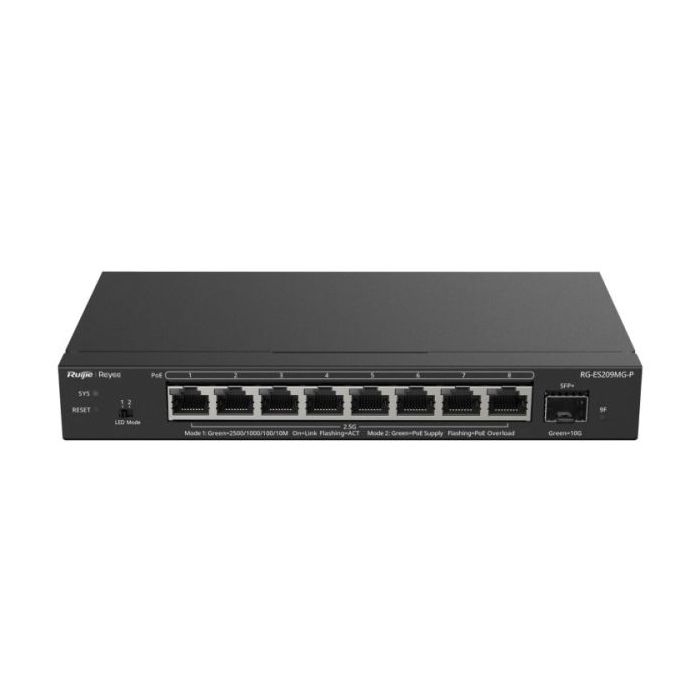 Ruijie RG-ES209MG-P Switch - 8 Puertos Ethernet hasta 2.5Gbps - 1x SFP+ hasta 10Gbps - PoE/PoE+ hasta 120W - Gestionado en la Nu