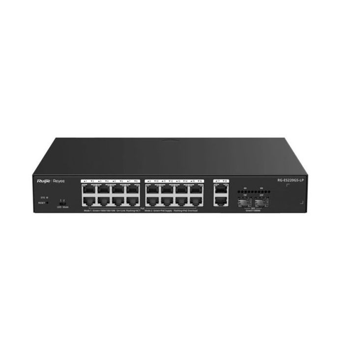 Ruijie RG-ES220GS-LP Switch - 18 Puertos Ethernet hasta 1Gbps - 2x SFP 1Gbps - PoE/PoE+ hasta 130W - Gestionado en la Nube - Col