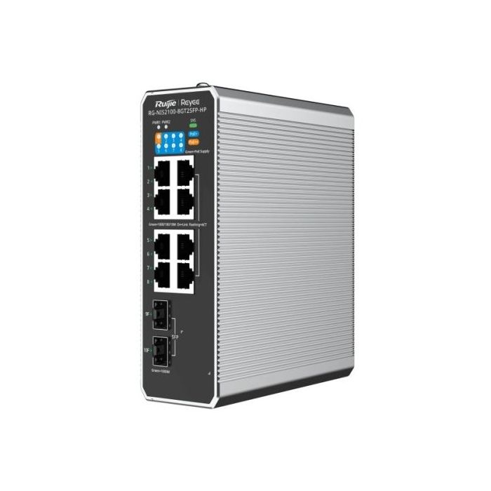 Ruijie RG-NIS2100-8GT2SFP-HP Switch Industrial - 8 Puertos Ethernet hasta 1Gbps - 2x SFP 1Gbps - PoE+/PoE++ - Gestionado en la N