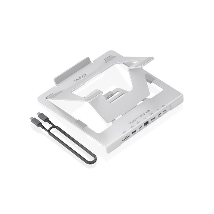 Aisens ASUC-7P045-GR Soporte para Portatil hasta 16  - Regulable en Altura - Antideslizante - Plegable - USB-C Docking 7 en 1 -