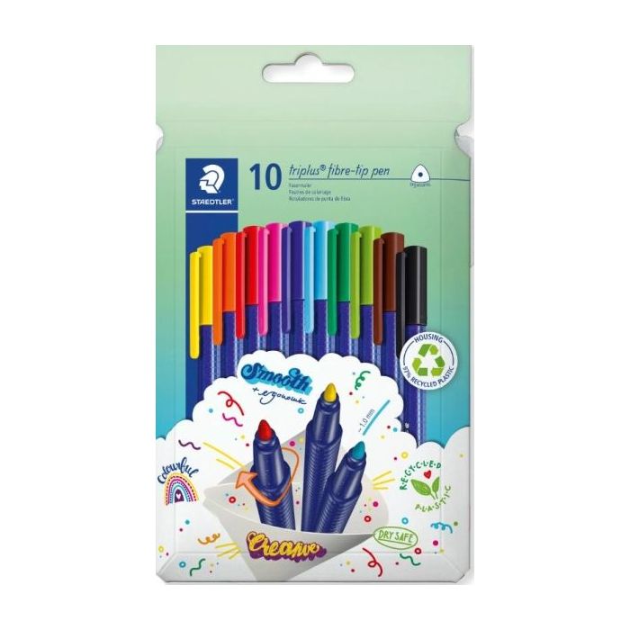 Staedtler Triplus Color 323 Pack de 10 Rotuladores - Trazo 1mm Aprox - Tinta Antisecado - Capuchon Ventilado - Colores Surtidos