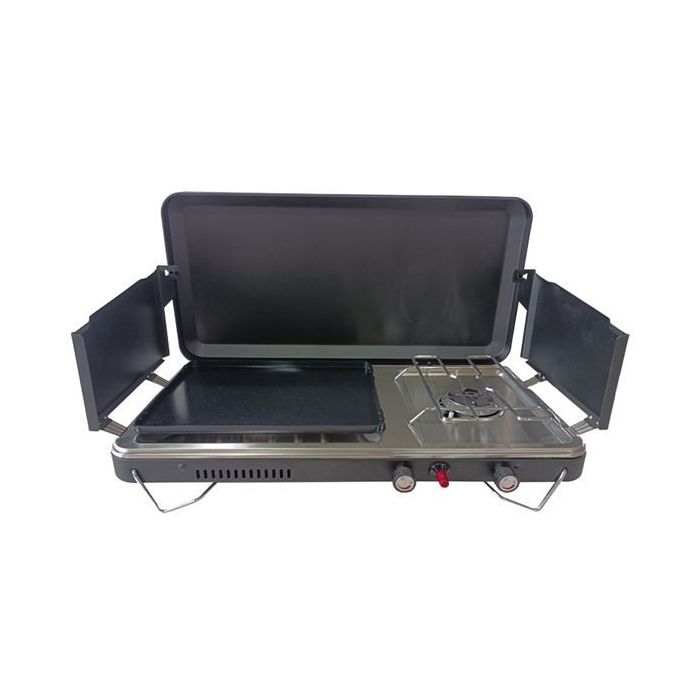 Muvip MV0666 Cocina de Gas Premium - Plancha + Doble Quemador - Protectores contra el Viento - Color Negro