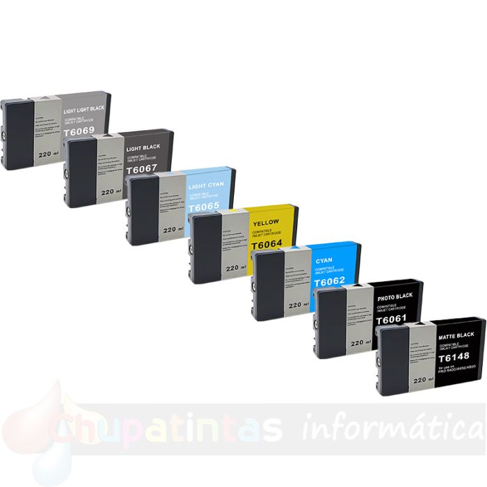 EPSON T606-Series/T6148 Pack de 7 Cartuchos de Tinta Pigmentada Genéricos: T6061/T6062/T6064/T6065/T6067/T6069/T6148