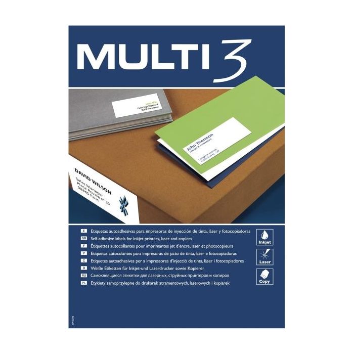 Multi3 Pack de 2.400 Etiquetas Rectangulares Tamaño 70x36mm - 100 Hojas por 24 Etiquetas - Adhesivo Permanente - Cantos Rectos -