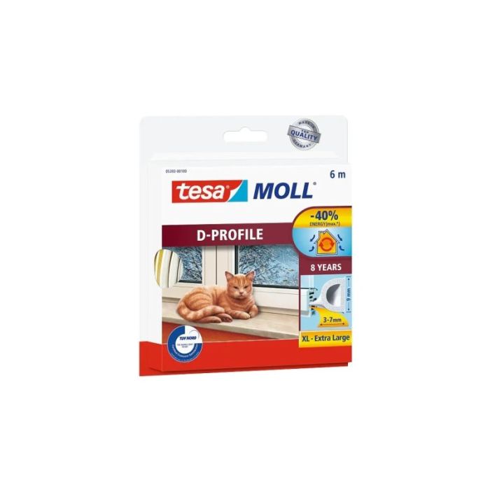 Tesa Moll Classic D-Perfil Burlete para Ventanas Perfil D 6m x 9mm x 4mm - Color Blanco