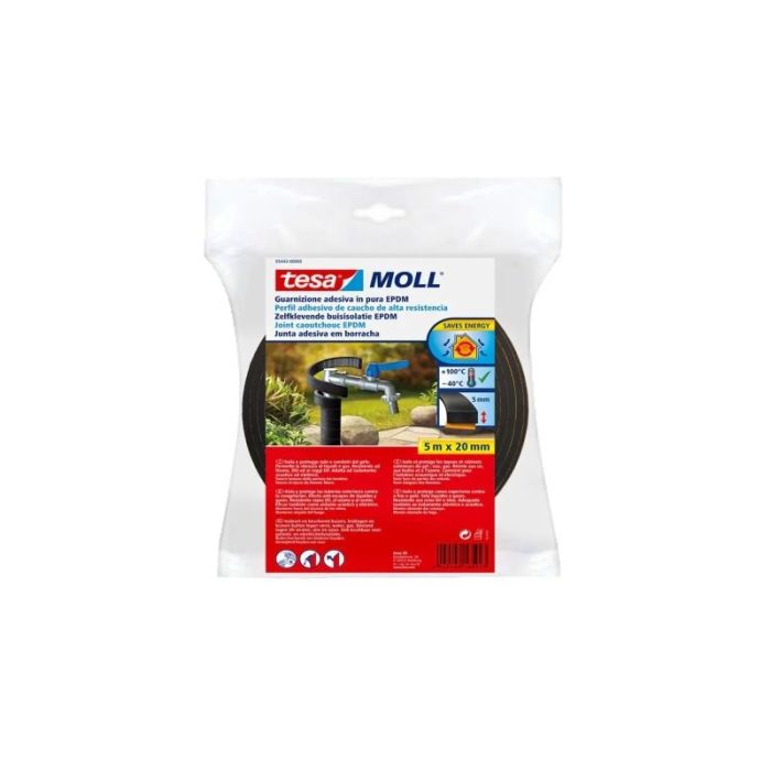Tesa Moll Perfil Aislante Multiusos 5m x 20mm x 5mm - Fabricado en Caucho EPDM - Color Negro