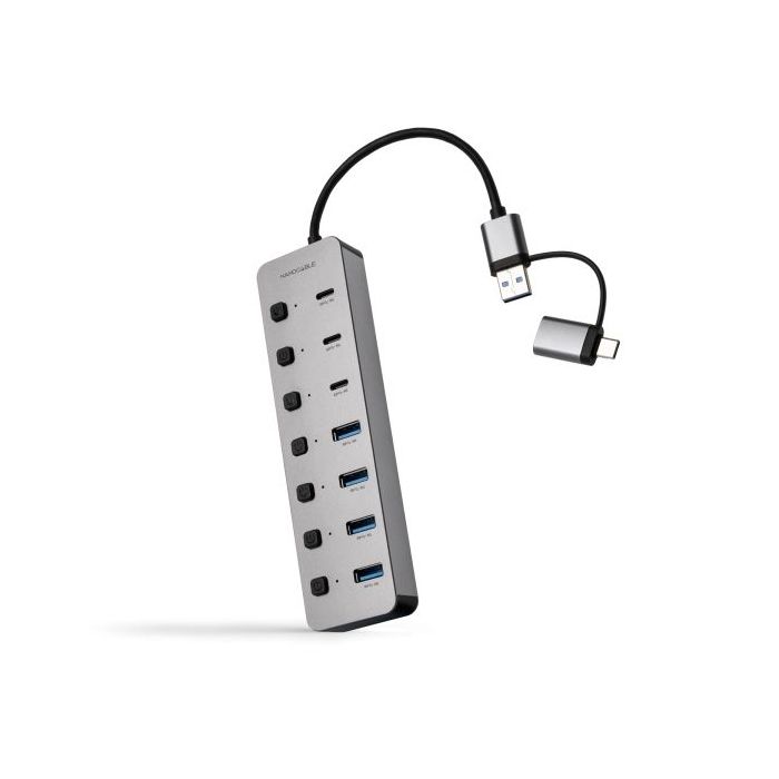 Nanocable Hub USBA/USB-C - 4x USB-A + 3x USB-C 3.0 + USB-C 5V - Interruptores Individuales ON/OFF - Cable 18cm - Color Plata