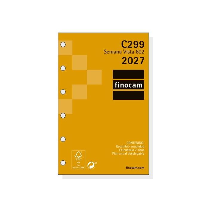 Finocam C299 Recambio para Agenda Classic - Anual 2027 - Semana Vista Horizontal - Formato 602 - 73x114mm - 6 Taladros - Papel d