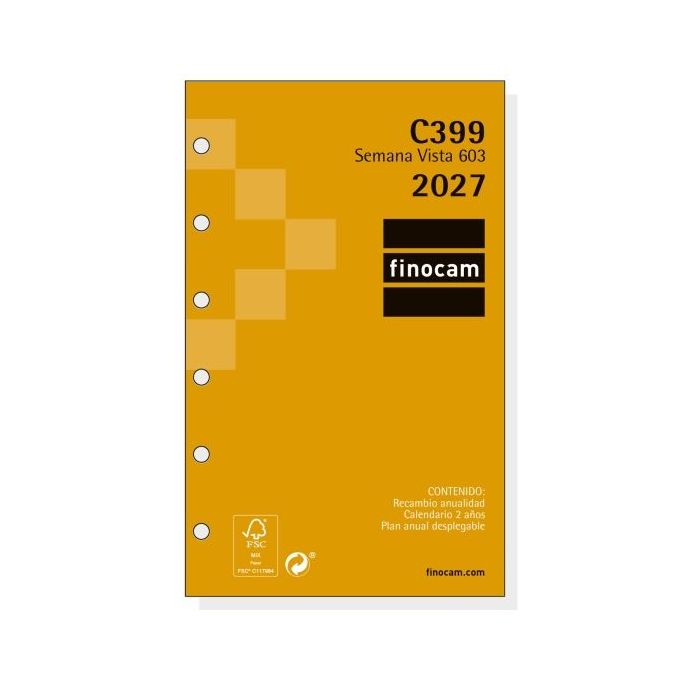 Finocam C399 Recambio para Agenda Classic - Anual 2027 - Semana Vista Horizontal - Formato 603 - 79x127mm - 6 Taladros - Papel d