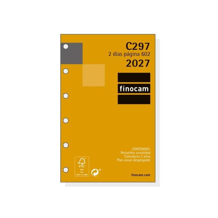 Finocam C297 Recambio para Agenda Classic - Anual 2027 - 2 Dias por Pagina - Formato 602 - 73x114mm - 6 Taladros - Papel de 70g/