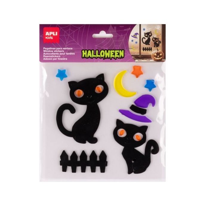 Apli Kids Pack con 10 Pegatinas Jelly de Halloween para Ventanas, Cristales, Espejos etc.. - Diseño Gatos Negros - Reposicionabl