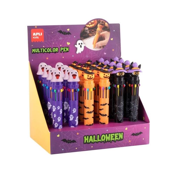 Apli Kids Halloween Expositor con 24 Boligrafos Retractiles Multicolor - 10 Colores de Tinta - 3 Modelos Diferentes