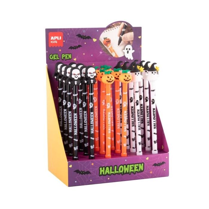 Apli Kids Halloween Expositor con 24 Boligrafos Tinta Gel Azul - 3 Modelos Diferentes