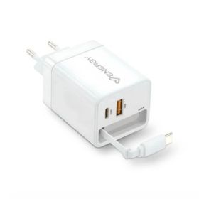 Energy Sistem Retractable Charger Cargador GaN 20W - 1x USB-C PD, 1xUSB-A + Cable USB-C 60cm Retractil - Carga Inteligente y Rap