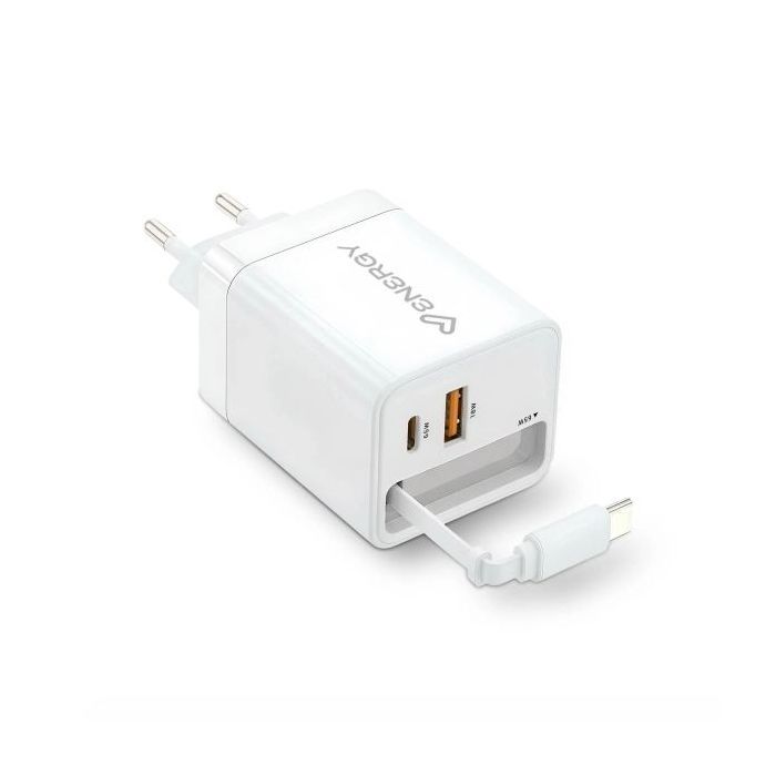 Energy Sistem Retractable Charger Cargador GaN 20W - 1x USB-C PD, 1xUSB-A + Cable USB-C 60cm Retractil - Carga Inteligente y Rap
