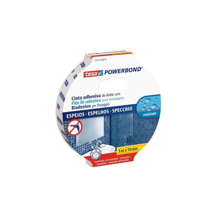 Tesa Powerbond Espejos Cinta Adhesiva de Doble Cara Especial para Espejos 19mm x 5m - Color Blanco
