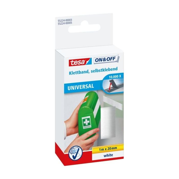 Tesa On - Off Cinta de Velcro 20mm x 1m - Se puede Abrir y Cerrar hasta 10.000 Veces - Color Blanco