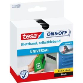 Tesa On - Off Cinta de Velcro 20mm x 2.5m - Se puede Abrir y Cerrar hasta 10.000 Veces - Color Negro