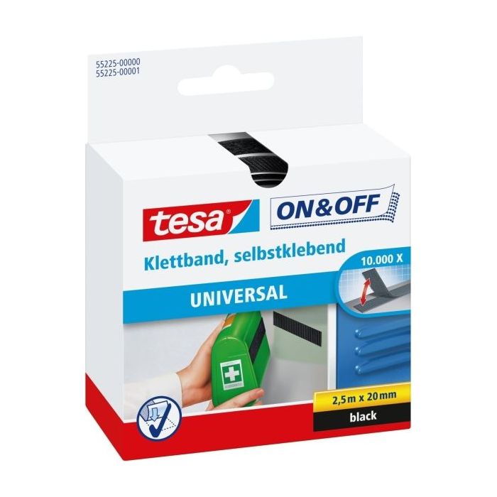 Tesa On - Off Cinta de Velcro 20mm x 2.5m - Se puede Abrir y Cerrar hasta 10.000 Veces - Color Negro