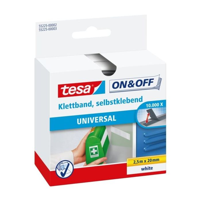 Tesa On - Off Cinta de Velcro 20mm x 2.5m - Se puede Abrir y Cerrar hasta 10.000 Veces - Color Blanco