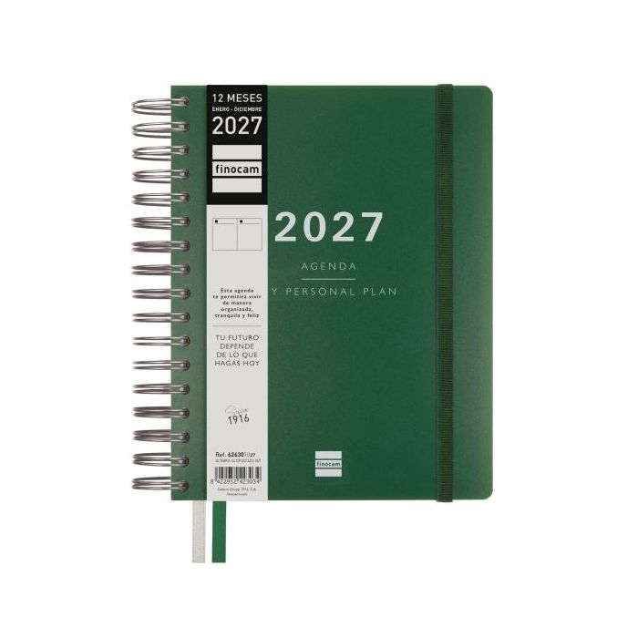 Finocam Tempus Agenda - Anual 2027 - 1 Dia por Pagina - 155x217mm - Espiral Doble - Tapa Extradura de Polipropileno - 2 Cintas M