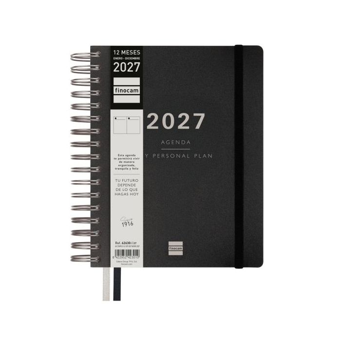 Finocam Tempus Agenda - Anual 2027 - 1 Dia por Pagina - 155x217mm - Espiral Doble - Tapa Extradura de Polipropileno - 2 Cintas M