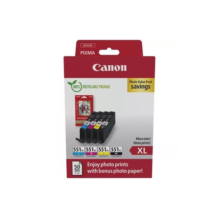 Canon CLI551XL Pack de 4 Cartuchos de Tinta Originales + 50 Hojas de Papel Fotografico - 6443B008/6443B006