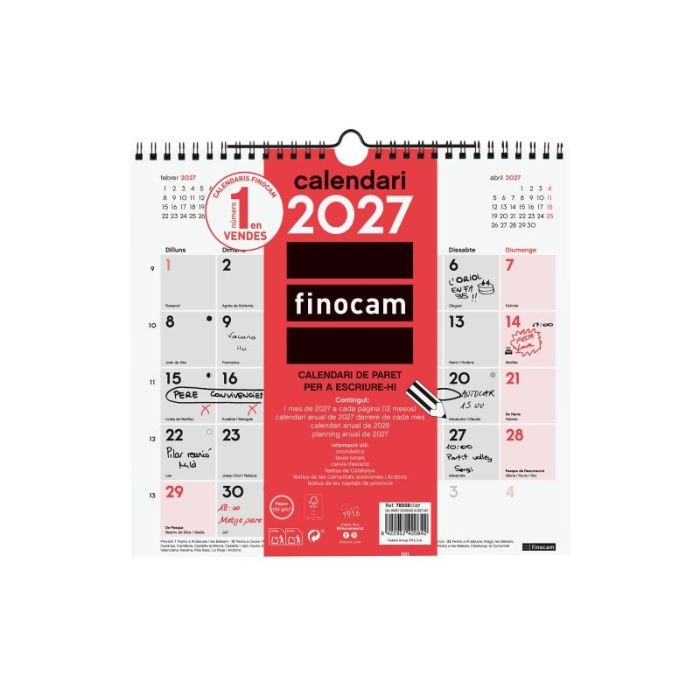 Finocam Neutro Calendario de Pared en Catalan - Anual 2027 - Mes Vista - Formato M - 265x245mm - Espiral Doble - Papel de 120g/m