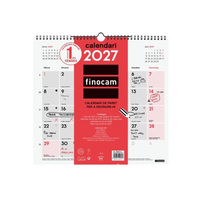 Finocam Neutro Calendario de Pared en Catalan - Anual 2027 - Mes Vista - Formato L - 340x320mm - Espiral Doble - Papel de 120g/m