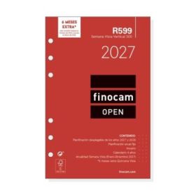 Finocam R599 Recambio para Agenda Open - Anual 2027 - Semana Vista Vertical - Formato 500 - 117x181mm - 6 Taladros - Papel de 80