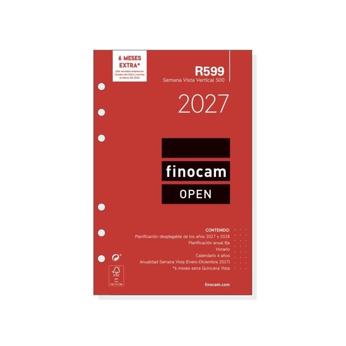 Finocam R599 Recambio para Agenda Open - Anual 2027 - Semana Vista Vertical - Formato 500 - 117x181mm - 6 Taladros - Papel de 80