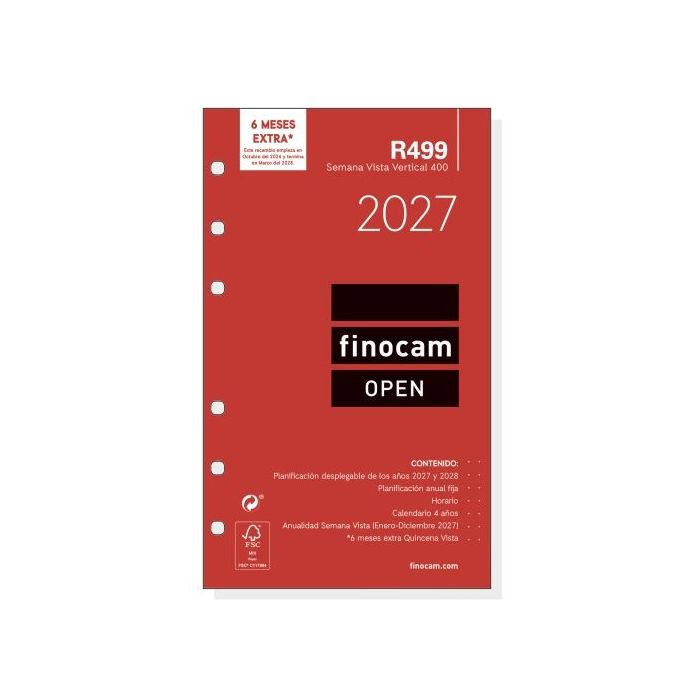Finocam R499 Recambio para Agenda Open - Anual 2027 - Semana Vista Vertical - Formato 400 - 91x152mm - 6 Taladros - Papel de 80g