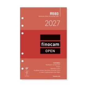 Finocam R593 Recambio para Agenda Open - Anual 2027 - Semana Vista Horizontal - Formato 500 - 117x181mm - 6 Taladros - Papel de