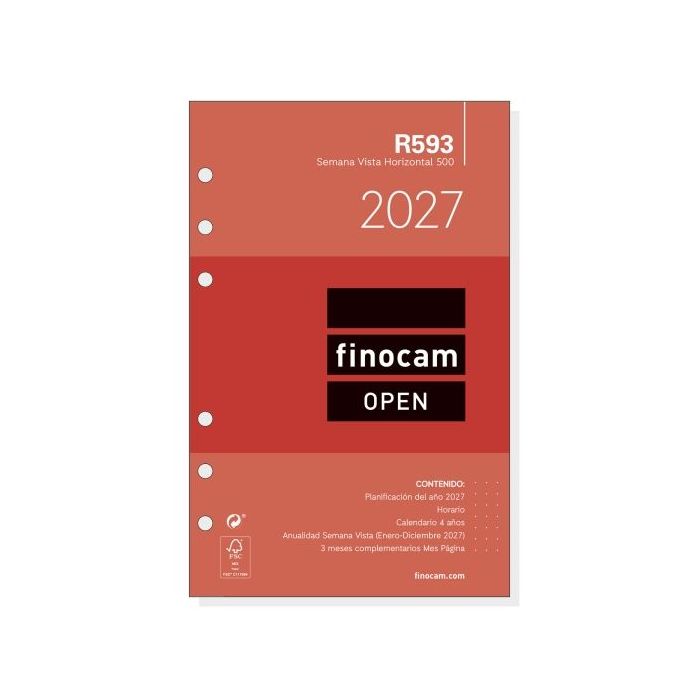Finocam R593 Recambio para Agenda Open - Anual 2027 - Semana Vista Horizontal - Formato 500 - 117x181mm - 6 Taladros - Papel de