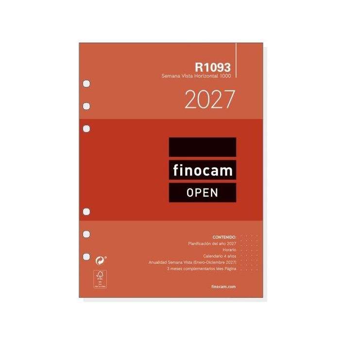 Finocam R1093 Recambio para Agenda Open - Anual 2027 - Semana Vista Horizontal - Formato 1000 - 155x215mm - 6 Taladros - Papel d