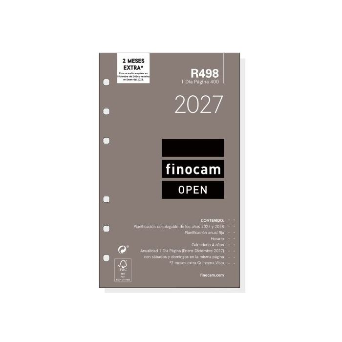 Finocam R498 Recambio para Agenda Open - Anual 2027 - 1 Dia por Pagina - Formato 400 - 91x152mm - 6 Taladros - Papel de 70g/m2 -