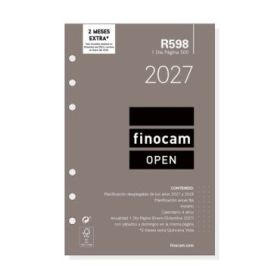 Finocam R598 Recambio para Agenda Open - Anual 2027 - 1 Dia por Pagina - Formato 500 - 117x181mm - 6 Taladros - Papel de 70g/m2