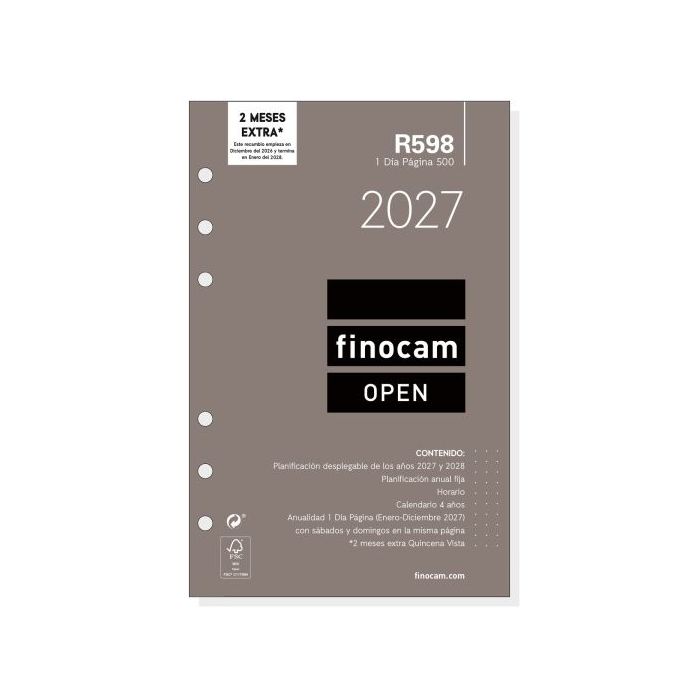 Finocam R598 Recambio para Agenda Open - Anual 2027 - 1 Dia por Pagina - Formato 500 - 117x181mm - 6 Taladros - Papel de 70g/m2