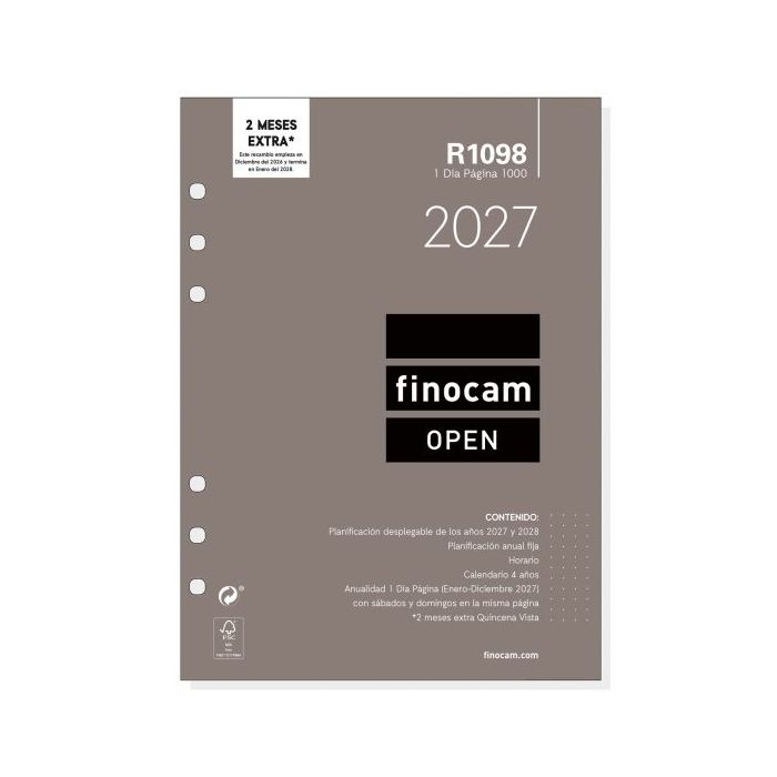 Finocam R1098 Recambio para Agenda Open - Anual 2027 - 1 Dia por Pagina - Formato 1000 - 155x215mm - 6 Taladros - Papel de 70g/m