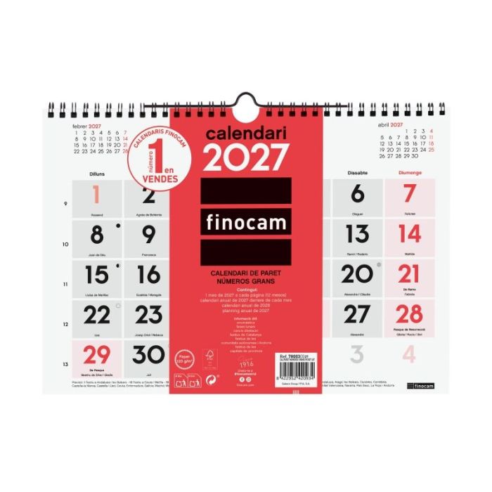 Finocam Neutro Calendario de Pared en Catalan - Anual 2027 - Mes Vista - Formato M - 300x210mm - Espiral Doble - Papel de 120g/m