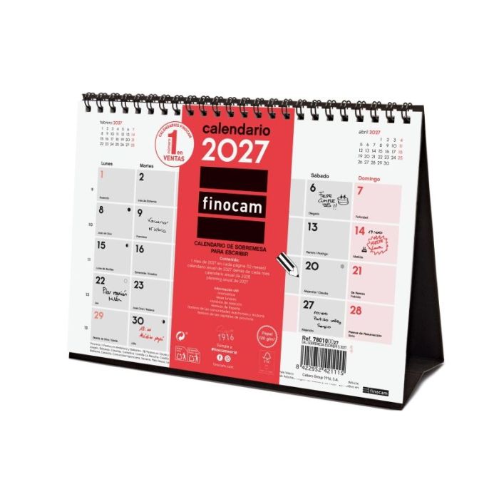 Finocam Neutro Calendario de Sobremesa - Anual 2027 - Mes Vista - Formato S - 210x150mm - Espiral Doble - Papel de 120g/m2 - Esp