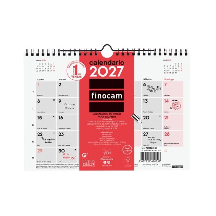 Finocam Neutro Calendario de Pared - Anual 2027 - Mes Vista - Formato S - 210x150mm - Espiral Doble - Papel de 120g/m2 - Espacio