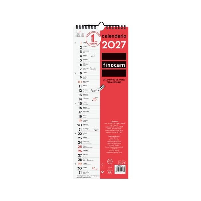 Finocam Neutro Calendario de Pared - Anual 2027 - Mes Vista - Formato L - 155x430mm - Espiral Doble - Papel de 120g/m2 - Espacio