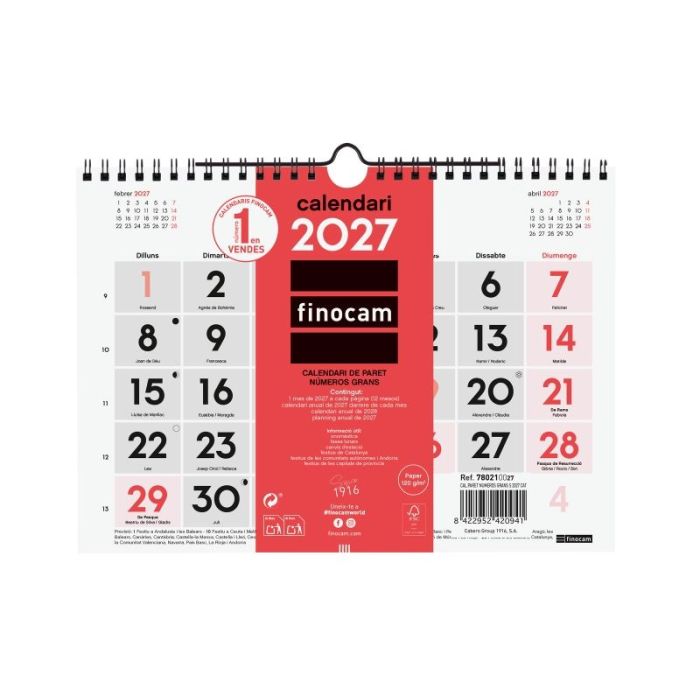 Finocam Neutro Calendario de Pared en Catalan - Anual 2027 - Mes Vista - Formato S - 210x150mm - Espiral Doble - Papel de 120g/m