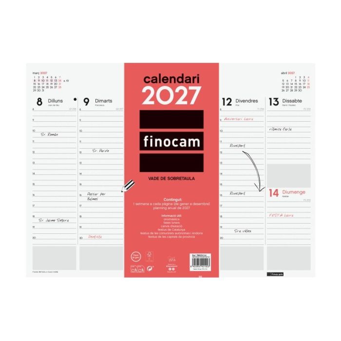 Finocam Neutro Vade Calendario en Catalan - Anual 2027 - Semana Vista Vertical - 420x310mm - Encolado - Papel de 90g/m2 - Espaci
