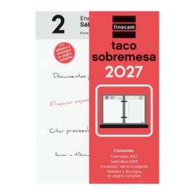 Finocam Neutro Taco Calendario de Sobremesa - Anual 2027 - 2 Paginas por Dia - 85x120mm - Papel de 70g/m2 - Color Rojo y Blanco