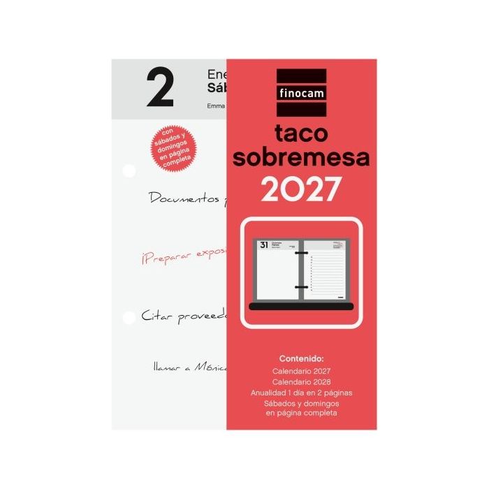 Finocam Neutro Taco Calendario de Sobremesa - Anual 2027 - 2 Paginas por Dia - 85x120mm - Papel de 70g/m2 - Color Rojo y Blanco